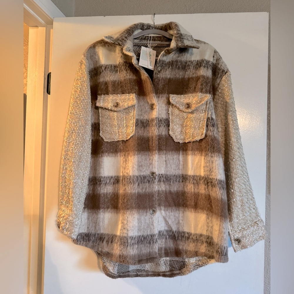 NWT Southern Grace Plaid Button-Up Shirt with Shimmery Sleeves